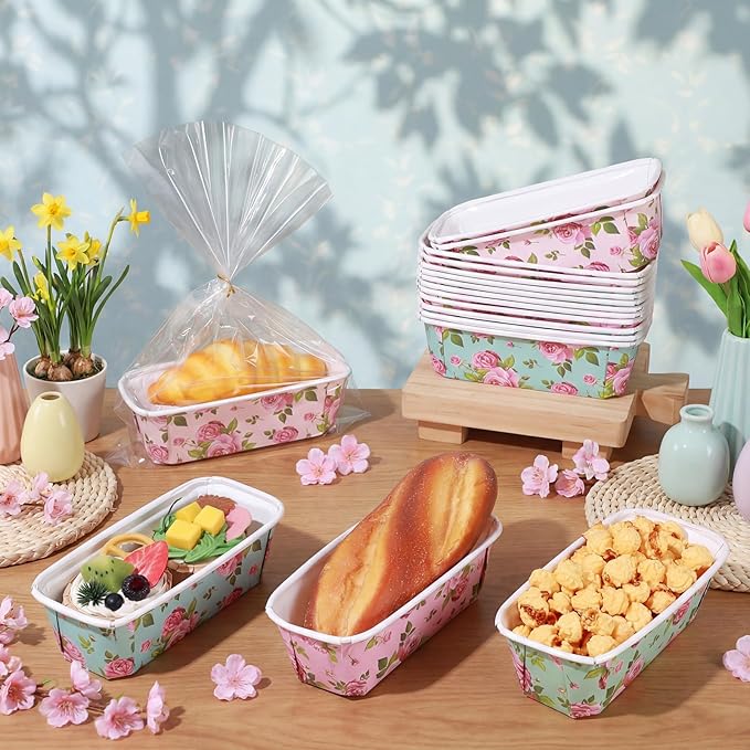 LemonRoad 24 Sets Spring Paper Loaf Pan for Baking 6.3 x 2.2 x 2.2 Inch Small Disposable Rose Flower Baking Pans with Clear Plastic Bags and Ties Rectangle Cake Mold for Bread Tea Party Supply Gift