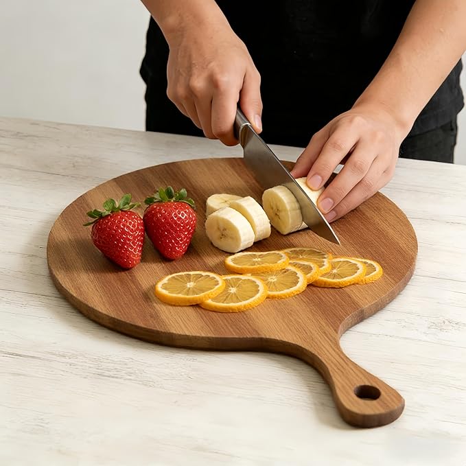 Acacia Wood Round Cutting Board with Handle -16" x 12" Large Charcuterie Board, Wooden Chopping Board for Kitchen, Pizza, Meat & Cheese Serving Tray, Decorative Butcher Block