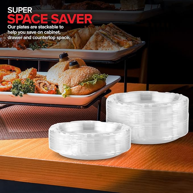 Stock Your Home 240-Count, 7 Inch Clear Plastic Plates, Flexible, Disposable Heavy Duty Party Dinner Plate, for Wedding Reception, Holiday Parties, Cake, Dessert, Appetizers, Salad, Medium Size