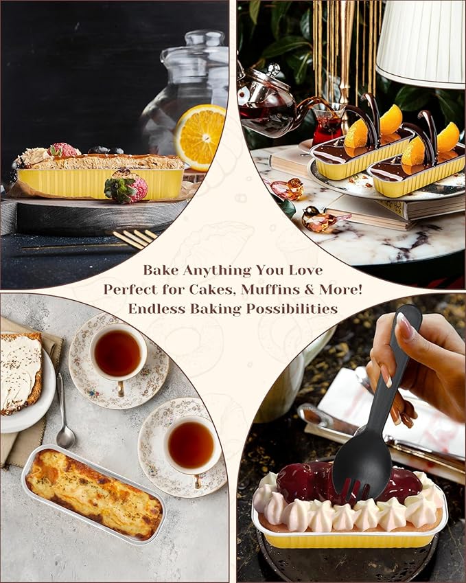 100 Pack Mini Loaf Pans with Lids, Spoons & Stickers โ Disposable Aluminum Foil Baking Cake Containers for Oven, Air Fryer & Freezer โ Ideal for Cakes, Bread, Pudding, Parties & Gifting, Gold