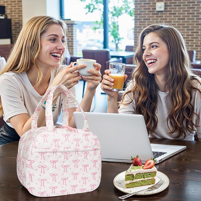 Quilted Lunch Box for Women,Coquette Aesthetic Lunch Box for Teen Girls,Cute Floral Lunch Bags for Work, School,Office,Picnic,Travel (pink bow heart)