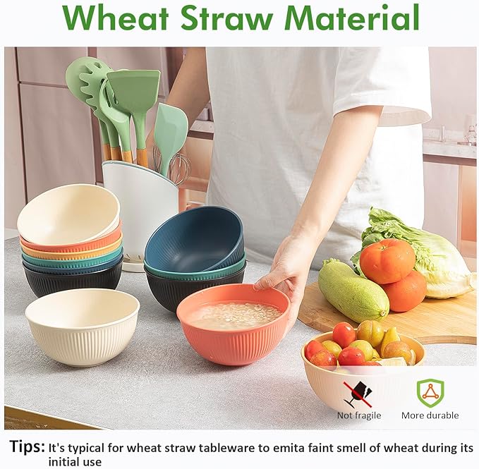 6 Pcs 24 oz Unbreakable Cereal Bowls, Reusable Plastic Lightweight Bowls, Made from Wheat Straw Fiber, Ideal for Salads, Soups, Ramen, Noodles (Carbon black, 24OZ)