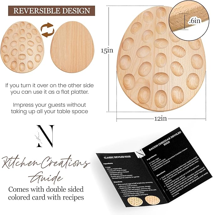 Namre' Deviled Egg Tray Wooden Holder for 24 Eggs – Reversible Oval Platter & Charcuterie Board, Easter Deviled Egg Carrier Serving Tray with Recipes, Holiday Entertaining