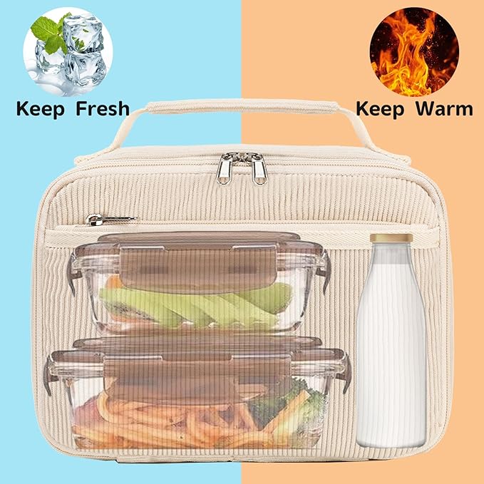 LEDAOU Lunch Bag Kids Insulated Lunch Box Girl Boy Insulated Reusable Lunch Bag for School Picnic Hiking Work (cream-coloured)