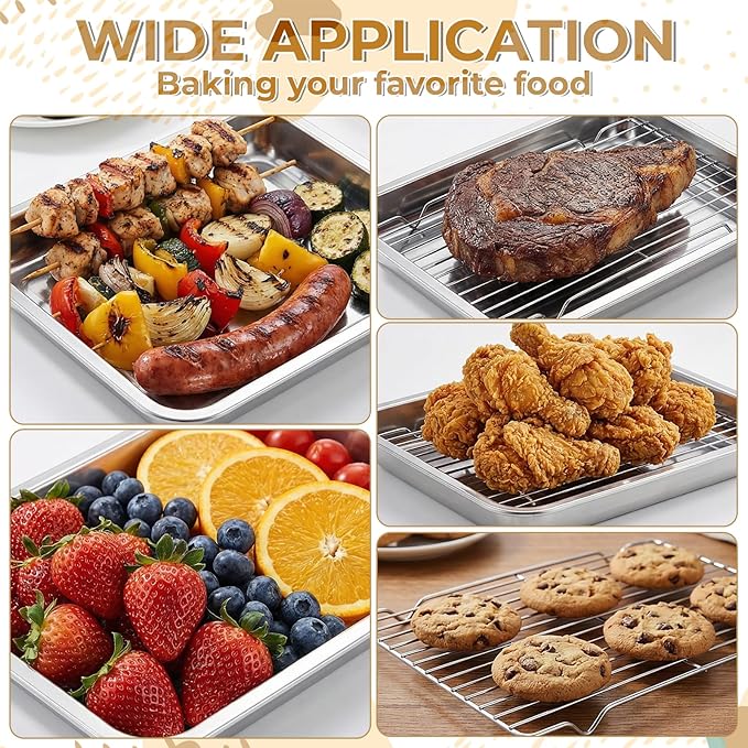 Quarter Baking Sheet Pan with Cooling Rack Set (2 Pans + 2 Racks), Stainless Steel Cookie Sheets Quarter Sheet Pan for Oven Baking, Warp Resistant & Nonstick, Size 14 x 10 x 1.8 Inch