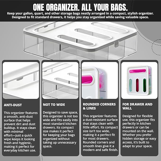 4 IN 1 Food Storge Bag Organizer for Kitchen Drawer, 4-Slot, Wall Mountable | Compatible with Sandwich, Snack, Gallon & Slider Bags, with Locking Lid Design Food Storage Bag Holder, Space saving