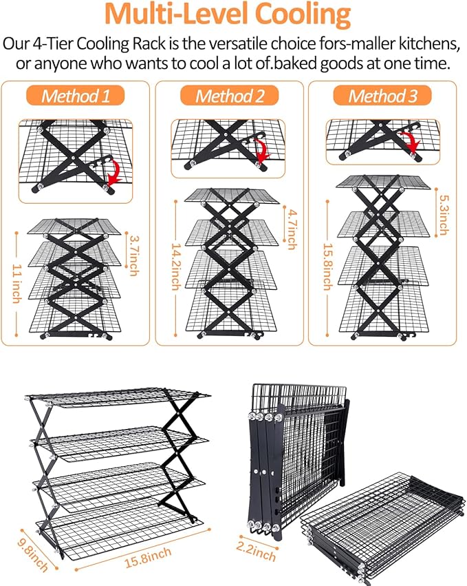 4 Tier Collapsible Cooling Rack, 2/3/4-Tier Upgraded,Adjustable & Stackable Baking Rack, 5 Modes Cooling Racks for Cooking and Baking, Roasting & Grilling Gifts for Picnic Party