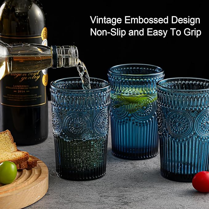 Vintage Glassware Drinking Glasses Set of 6,13 oz Blue Textured Flower Design Glass Water Tumblers,Embossed Striped Drinkware for Water,Cocktails,Juice,Iced Coffee