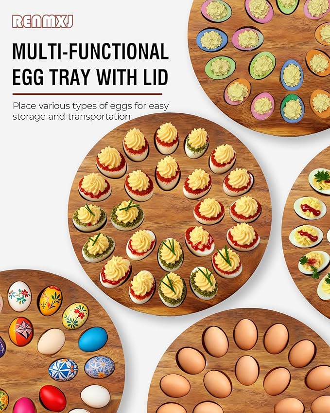 Deviled Egg Containers with Lid, Easter Gifts Set (24 Eggs), 2026 Upgraded Acacia Wooden Deviled Egg Tray Platter for Party and Home Kitchen, The Lid is Dishwasher Safe (Pink)