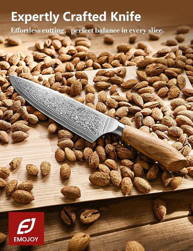 Emojoy Damascus Kitchen Knife Set, 3 PCS Japanese Chef Knife Set, 67-Layers Damascus Knife with Original Olive Wood Handle, Include Wooden Gift Box