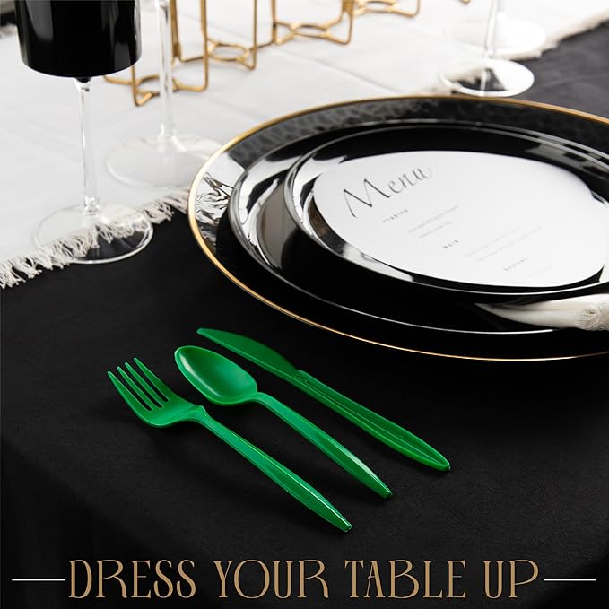 PLASTICPRO 400 Pack Disposable Christmass Green Cutlerys Plastic Utensils Assorted Colored Cutlery Combo Set Forks Spoons Knives Silverware, Green Plastic Cutlery for Parties