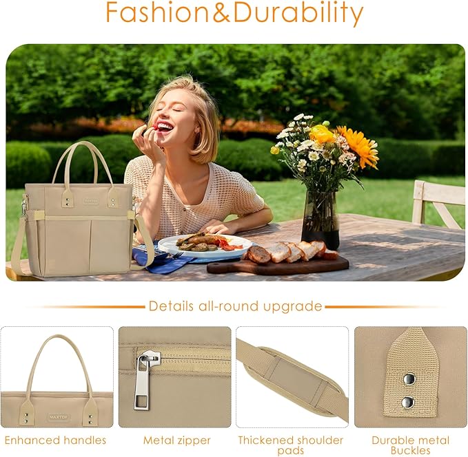 MAXTOP Lunch Bag Women for Work Insulated Thermal Lunch Box with Wide-Open Pocket Reusable Leakproof Cooler Bags with Removable Shoulder Strap for Teacher Nurse Office Picnic Travel Khaki