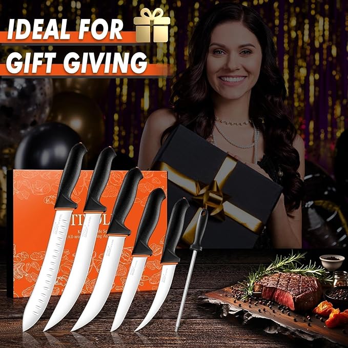 TIVOLI 6 PCS Butcher Knife Set - Game Processing Knife Set with 7" Sharpener Rod - Non-Slip Softgrip & German Stainless Steel - Skinning Boning Trimming Poultry Knives for Meat Cutting