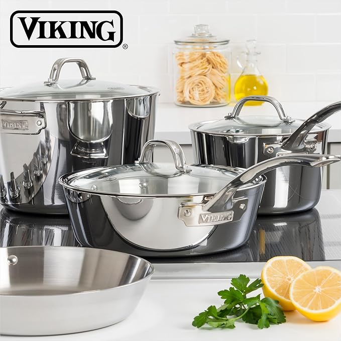Viking Contemporary 3-Ply Stainless Steel Sauce Pan with Glass Lid, 3.4 Quart Saucepan Cooking Pot, Dishwasher and Oven Safe, Induction Ready, Silver
