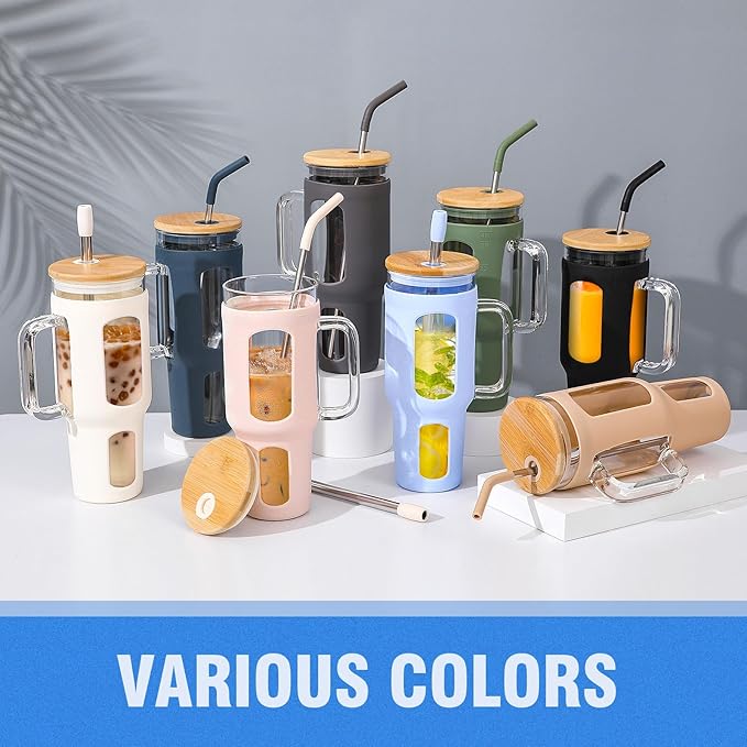 Glass Tumbler with Lid and Straw, 46 oz Iced Coffee Cup with Handle, Large Water Bottles with Silicone Sleeve, Glass Cup with Straws - Pearl Straw & Drinking Straw BPA Free-Glacier