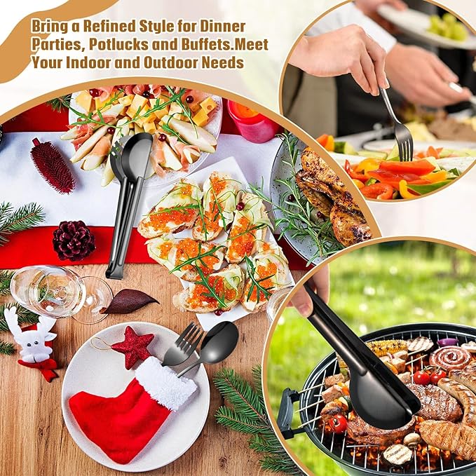 Patelai 15 Pcs Black Stainless Steel Serving Utensils Set 8.7" Large Spoons and Slotted Spoon 9.45" Tong 9" Forks Flatware Wedding Valentine's Day Holiday Party Buffet Banquet Cooking Kitchen Catering