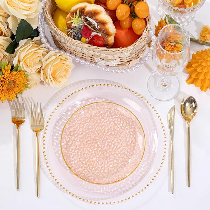 Rubtlamp 100 Pcs Clear Orange Gold Plastic Plates, Hammered Orange Party Plates,Heavy duty Dessert Plates,Disposable Salad/Dessert Platos,Clear Gold Plastic Platos 7 Inch for Party