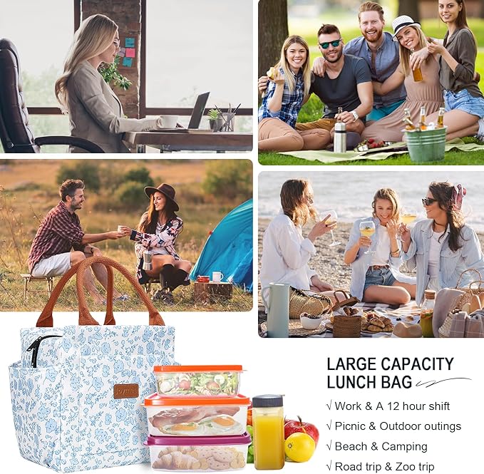 Joymee Lunch Bag Women Insulated Lunch Box Reusable Leakproof Large Spacious Cooler Tote for Women Men Adult with Bottle Holder and Side Pockets for Work Office Travel Picnic -Blue Floral