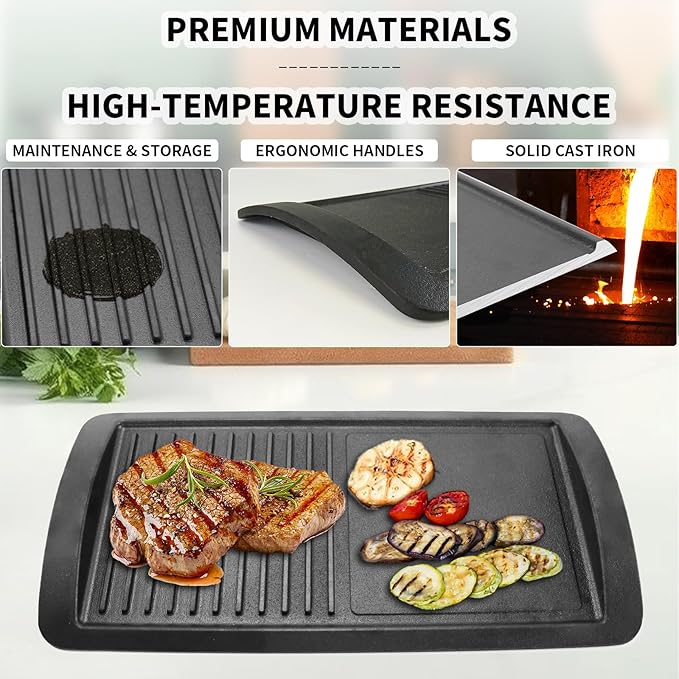 2-in-1 Cast Iron Grill Griddle Pan, Rectangular Double-Sided Cooking Pan with Dual Handles, Non-Coated & Healthy, Includes 2 Loofah Cleaning Brushes