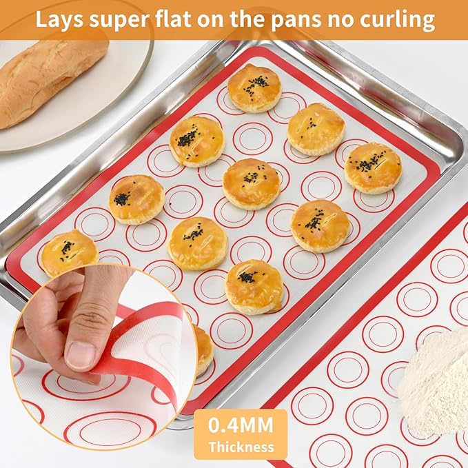 2-Pack Baking Mat with Circles – Silicone Macaron & Cookie Sheet Liners, Non-Stick BPA-Free Reusable Silicone Mats for Half Sheet Pans for Precision Baking & Candy, White with Red Edge