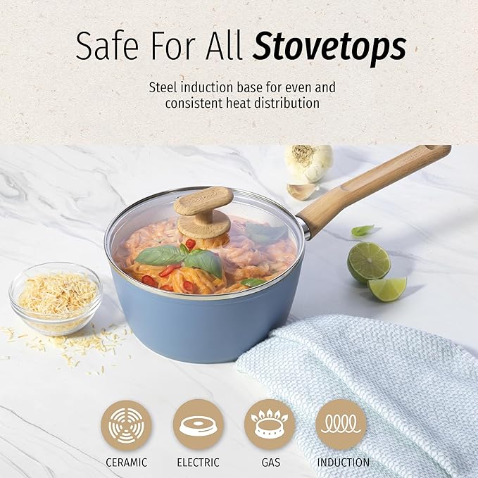 GoodCook Healthy Ceramic Titanium-Infused 2 Quart Saucepan with Lid, Light Blue – Induction Cookware, Nonstick Cooking Pan, Food Cooker for Soups, Sauces, Potatoes, Pasta, Rice