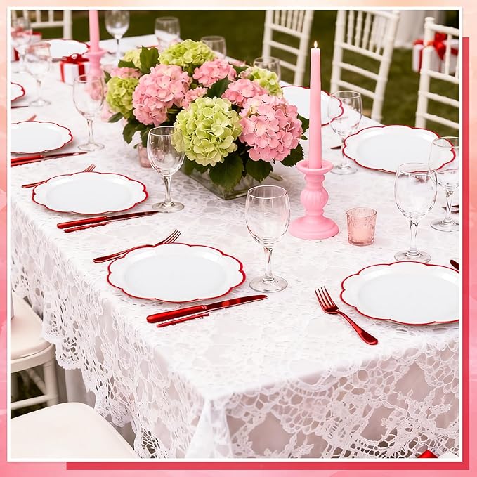 30 Pcs Red and White Paper Plates, 7 Inch White Plates with Red Trim Scalloped Paper Plate Disposable Dessert Cake Plate for Mother's Day, Baby Shower, Wedding, Bridal Shower