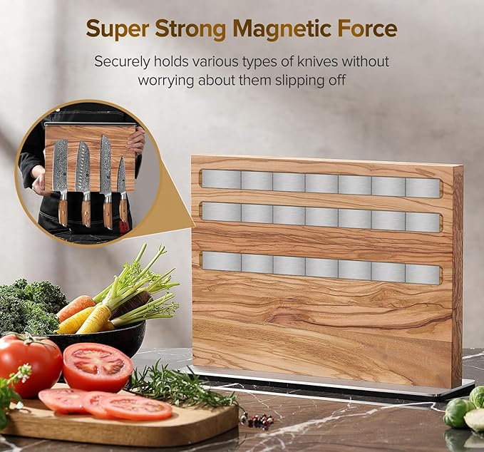 XINZUO Double Sided Magnetic Knife Holder Rack For Kitchen Counter - Natural Olive Wood Stand,Modern Knife Block & Storage - Magnetic Storage(12.6 X 4 X 9.3Inches)