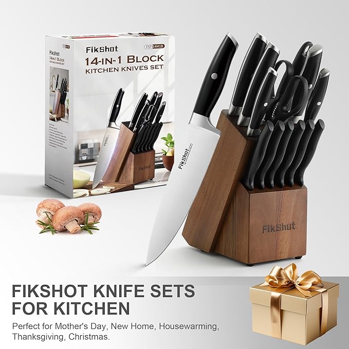Knife Set 14-Piece Ultra-Sharp Full Tang Chef Knives with Block and Sharpener, High-Carbon Steel Black Handle for Kitchens, BBQs and Feasts, Rust-Resistant, Dishwasher-Safe, Gift for Chefs