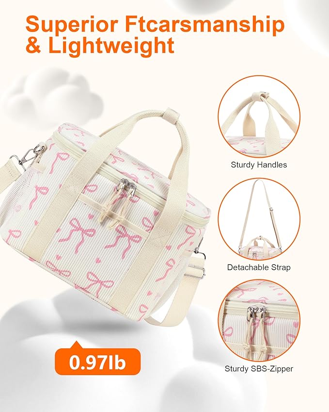 LOIDOU Lunch Box for Women Men Cute Insulated Corduroy Lunch Bag Cooler Leakproof Reusable Adult Lunchbox Adjustable Strap Pink bow lunch tote for Work Office Beach Picnic, Bow