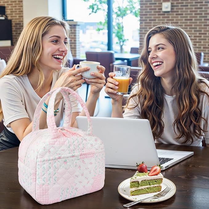 Quilted Lunch Box for Women,Coquette Aesthetic Lunch Box for Teen Girls,Cute Pink Floral Patchwork Lunch Bags for Work, School,Office,Picnic,Travel (pink floral pin)