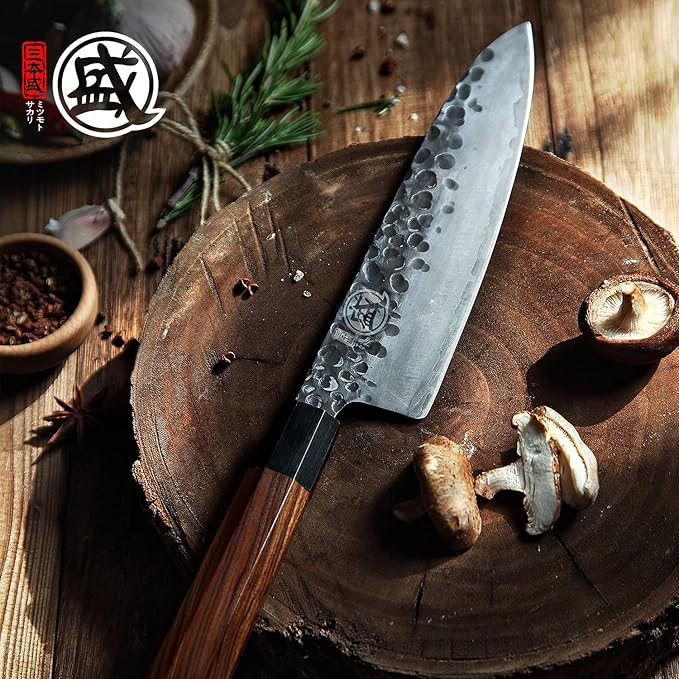 MITSUMOTO SAKARI Japanese Chef's Knife Set 4 Pcs, Professional Hand Forged Kitchen Chef Knife Set, High Carbon Ultra Sharp Cooking Chefs Knife Set (Rosewood Handle & Sandalwood Box)