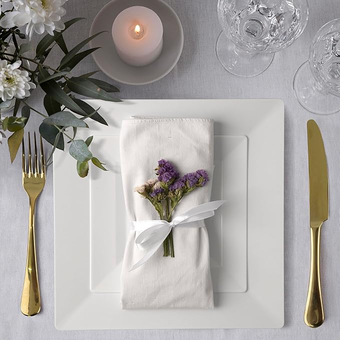 SETUP [Case of 240 Combo White Square Plates, Disposable Plastic Plates - Premium Heavy-Duty 120 Disposable 9.5" Dinner Party Plates and 120 Disposable 6.5" Salad Plates