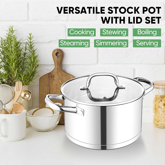 TeamFar Stainless Steel Stock Pot, 4-quart Tri-ply Base Stockpot Cooking Pasta Pot with Lid, for Induction Gas Glass Electric, Healthy & Heavy Duty, Ergonomic Handles & Straight Side, Dishwasher Safe