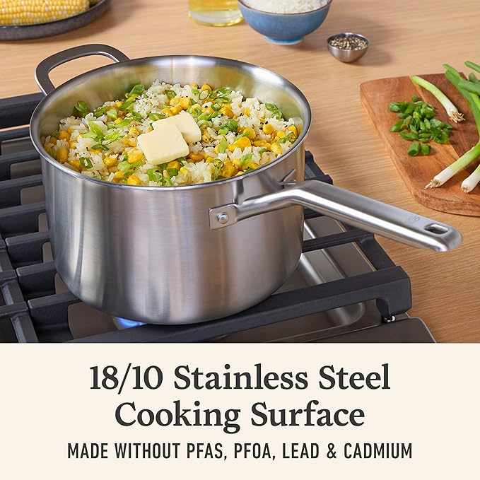 Calphalon Brushed 3-Ply Stainless Steel Cookware Set w/Turbo Heat Tech 4.5Qt Sauce Pan with Lid, Induction, Oven Safe 450F, Brushed Satinless Silver