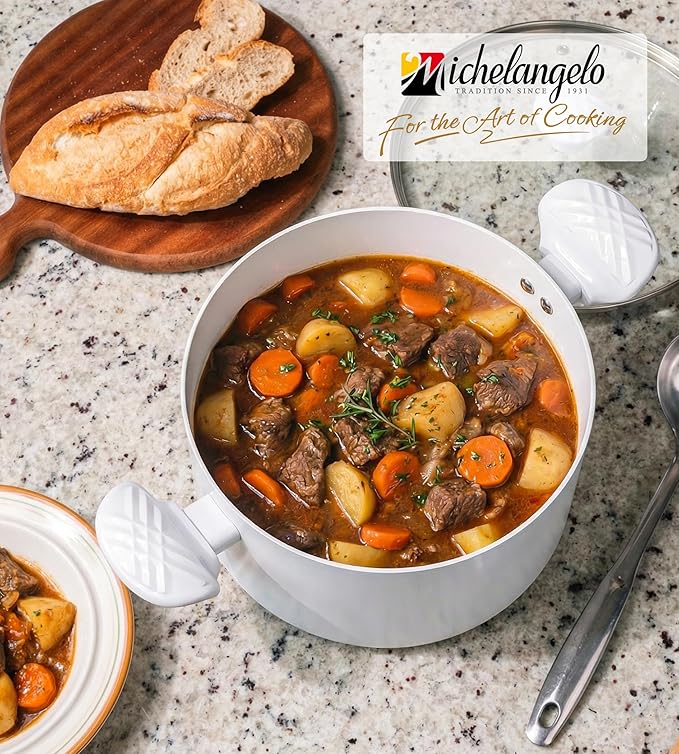MICHELANGELO Stock Pot with Lid, 6 Quart Soup Pot with Lid, Nonstick Ceramic Cooking Pot with Stay-Cool Handle, Induction Compatible - 6QT, White