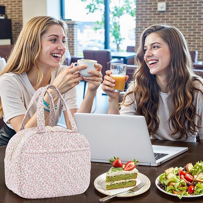 Quilted Lunch Box for Women,Coquette Aesthetic Lunch Box for Teen Girls,Cute Floral Lunch Bags for Work, School,Office,Picnic,Travel (pink floral)
