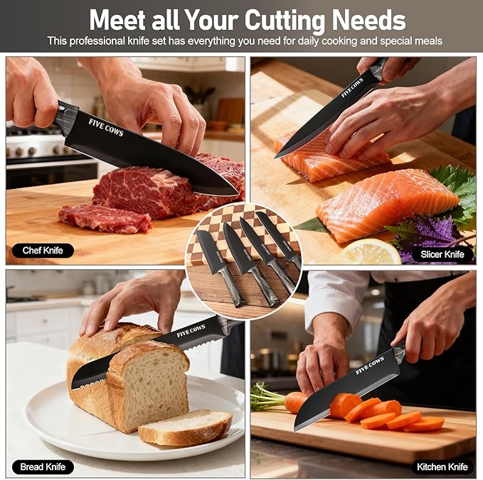 16-Piece Kitchen Knife Block Set with Cutting Board - German Stainless Steel Knives, Built-In Sharpener, Dishwasher Safe, Anti-Slip Handle - All-in-One Cutlery Set for Home/Kitchen