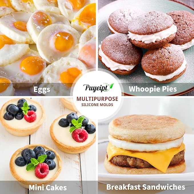 3 Pack Silicone Egg Molds for Breakfast Sandwiches, 3 Inch Non-Stick Round Muffin Top Pans for Baking Egg Bites, Whoopie Pies, Corn Bread, Tarts