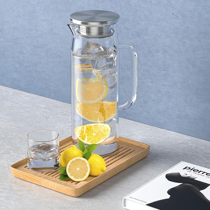 3 Sets Glass Pitcher with Lid, 50 oz / 1500 ml Water Carafe with Handles Hot Cold Beverage Water Jar Glass Jug (Stainless steel lid)