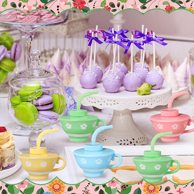 Zhehao 24 Pieces Plastic Tea Cups with Lids and Straws for Kids Tea Party 9 oz Reusable Disposable Party Teacups Bulk for Spring Birthday Baby Shower Princess Decorations