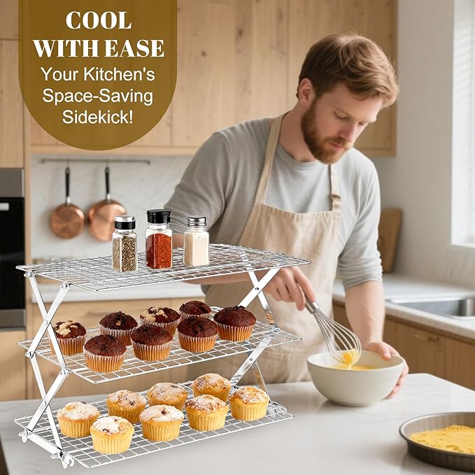 BEWOS 3 Tier Collapsible Cooling Rack - Adjustable Stainless Steel Baking Rack with Mesh Leak Proof,Foldable X-Shaped Structure Cooling Racks for Cooking and Baking, Dishwasher Safe