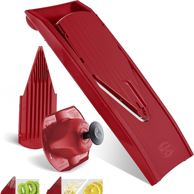Borner Mandoline Food Slicer V1 (Basic Set) by Reston Lloyd • V-Slicer with Food Holder • Made in Germany • Fruit & Vegetable Chopper • Multiple Settings • Color: Red