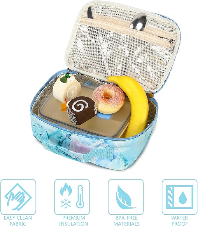 LEDAOU Lunch Bag Kids Insulated Lunch Box Girls Toddler Reusable LunchBox for School Picnic Hiking (Marble Blue)