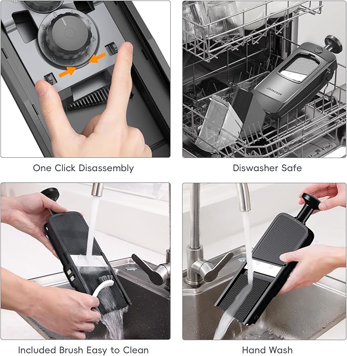 All-in-1 Safe Mandoline Slicer for Kitchen, Vegetable Slicer with Container, Adjustable Veggie Mandoline, French Fry Cutter, Potato/Tomato/Onion Slicer, Grater/Cleaning Brush (Black Knight)