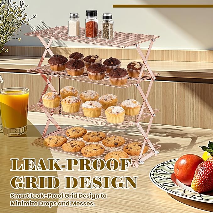 BEWOS 4 Tier Collapsible Cooling Rack - Adjustable Stainless Steel Baking Rack with Mesh Leak Proof,Foldable X-Shaped Structure Cooling Racks for Cooking and Baking, Dishwasher Safe( Rose Gold)