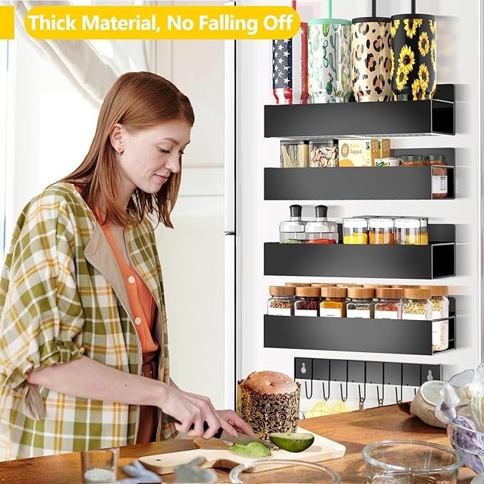Magnetic Spice Rack for Refrigerator Seasoning Organizer for Spice Fridge Shelf storage Magnetic Shelf with Hook for Oven(6pack) (4Rack1hook-black)