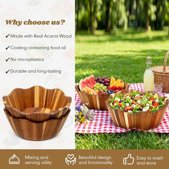 2 Pcs Scalloped Decorative Wooden Bowl 12 Inch Acacia Wood Fruit & Serving Bowl Handcrafted Rustic Decorative Bowls for Fruit, Salad, Snacks and Home Kitchen Counter Decor Wedding Decor