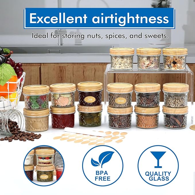 Accguan Mini Mason Glass Canning Jars,4 OZ Jelly Jars With Woodgrain Lids and Bands,Ideal for Honey,Jam,Wedding Favors,Shower Favors,Small Pice Jars 40 PACK
