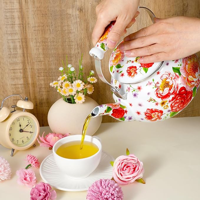 2.6 Quart Floral Enamel Tea Kettle, Vintage Enameled Teapot Stovetop, Enamel on Steel Water Coffee Tea Pot with Ceramic Handle, Colorful Hot Water Kettle for Home Kitchen Decor, No Whistling