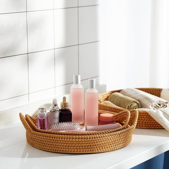 Mothers Day Gifts Set β 3 Handwoven Rattan Trays with Natural Shell Inlay, Boho Decorative Wicker Serving & Coffee Table Trays with Handles for Home Decor, Candles, Snacks & Holiday Entertaining